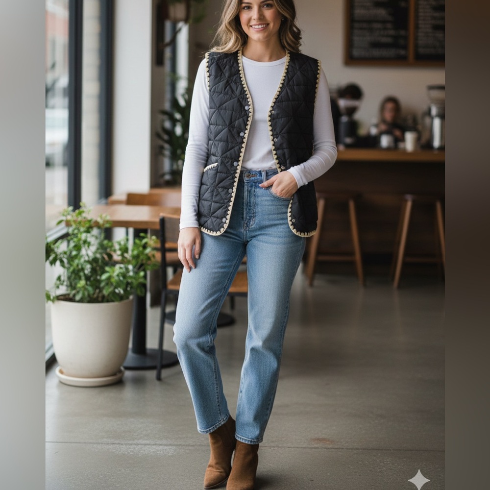 Entro Black Quilted Vest with Tan Scalloped Trim Size M